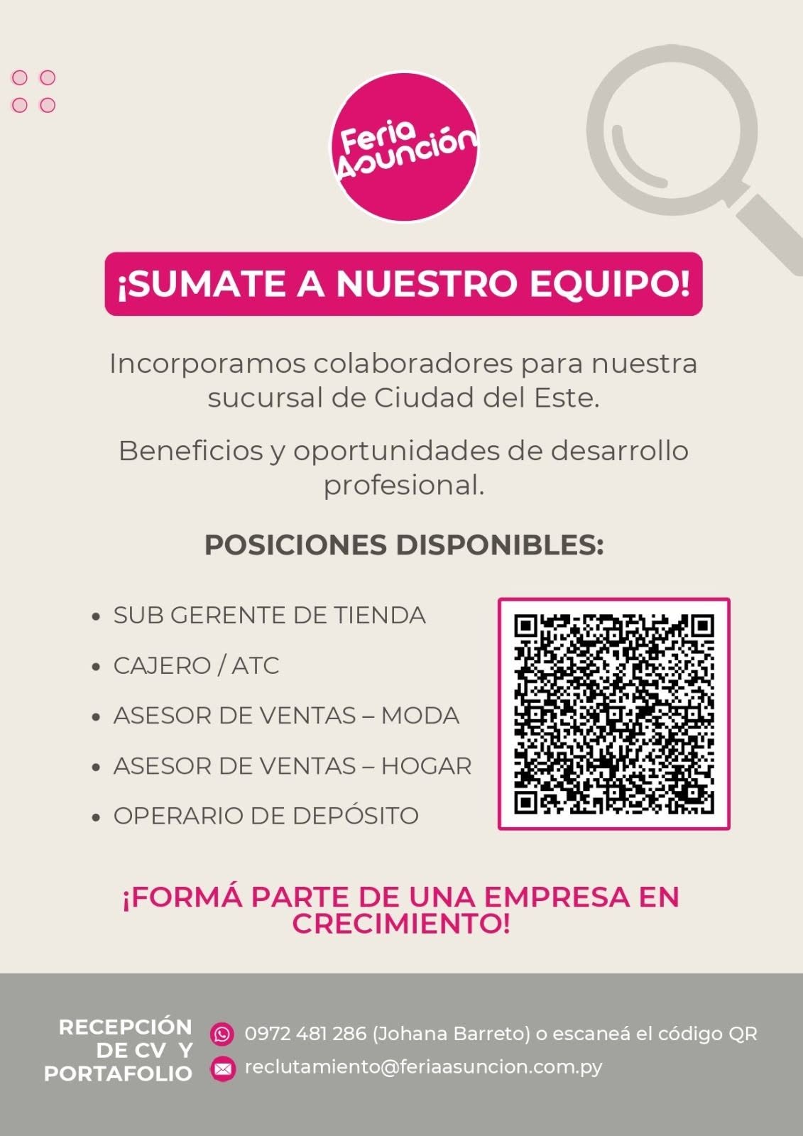 Oferta laboral: Sub Gerente De Tienda — Feria Asuncion
