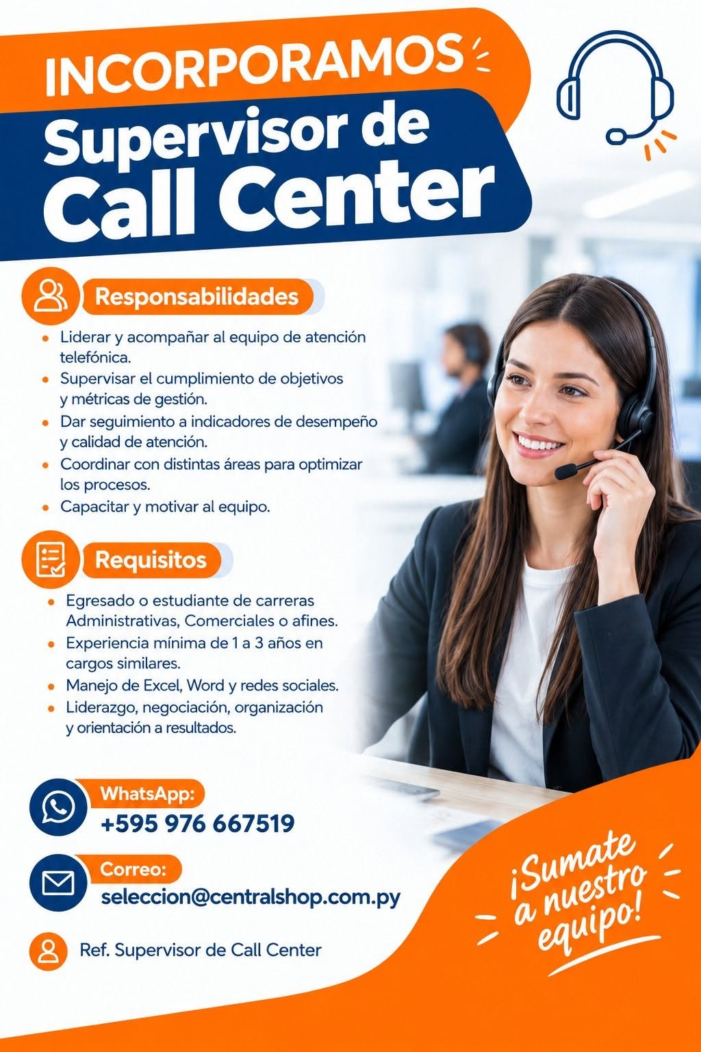 Oferta laboral: Supervisor De Call Center — Central Shop