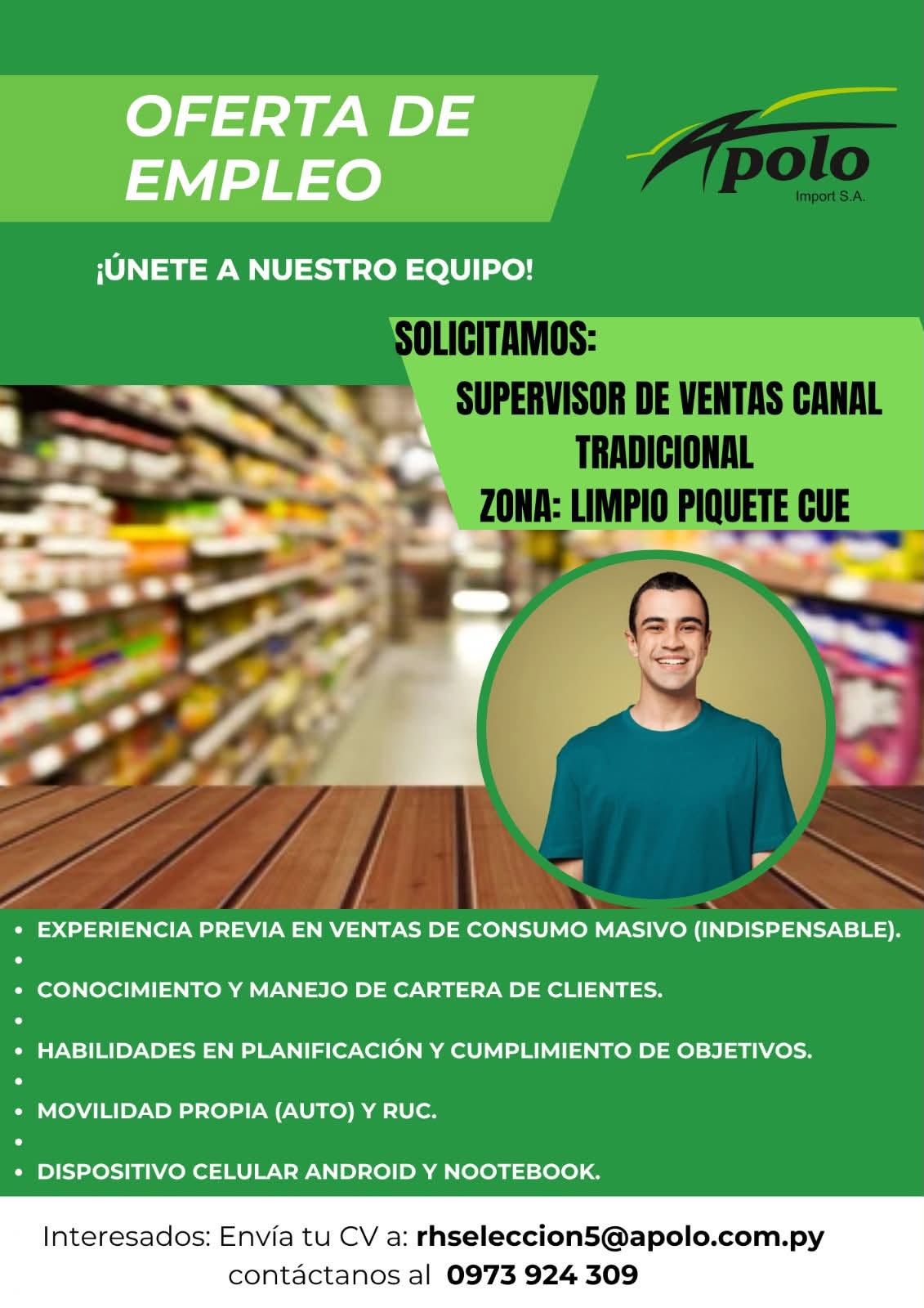 Oferta laboral: Supervisor De Ventas — Apolo
