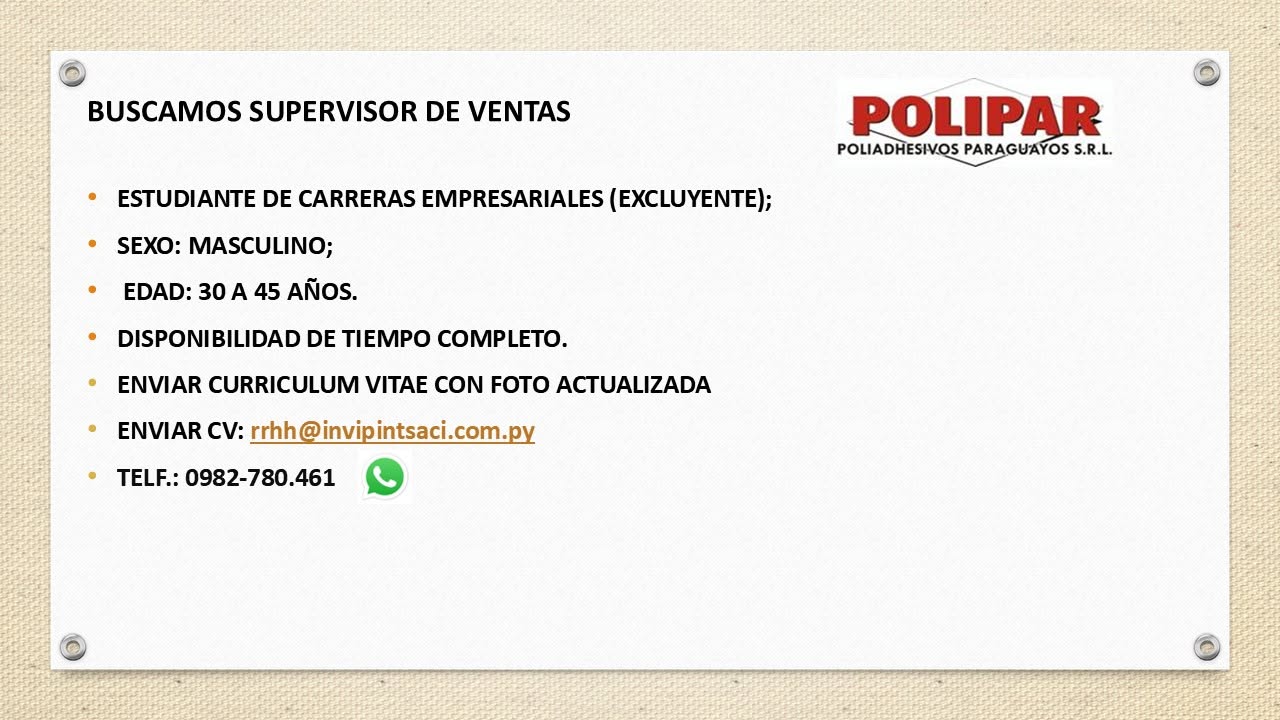 Oferta laboral: Supervisor De Ventas — Polipar