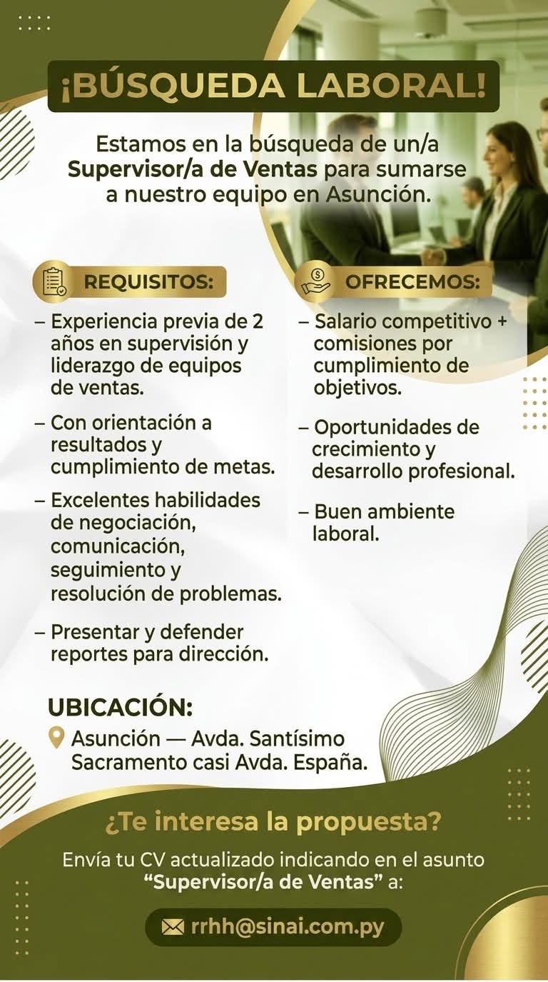 Oferta laboral: Supervisor De Ventas — Sinai