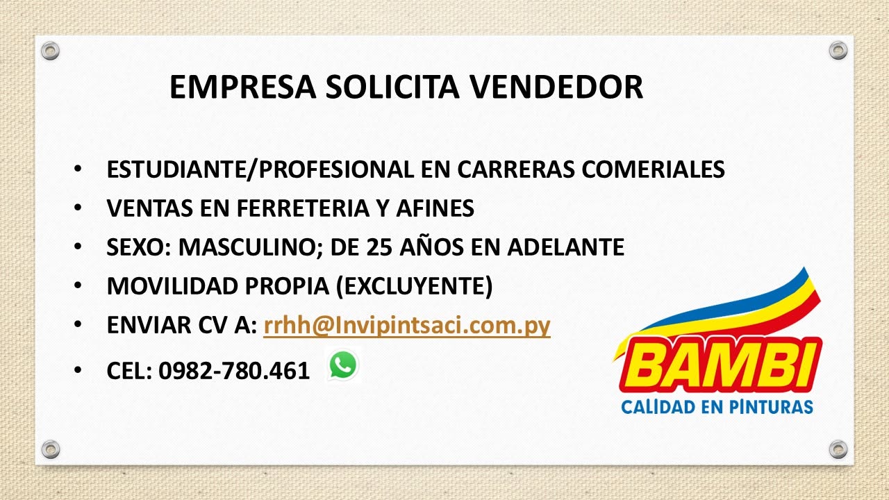 Oferta laboral: Vendedor — Bambi
