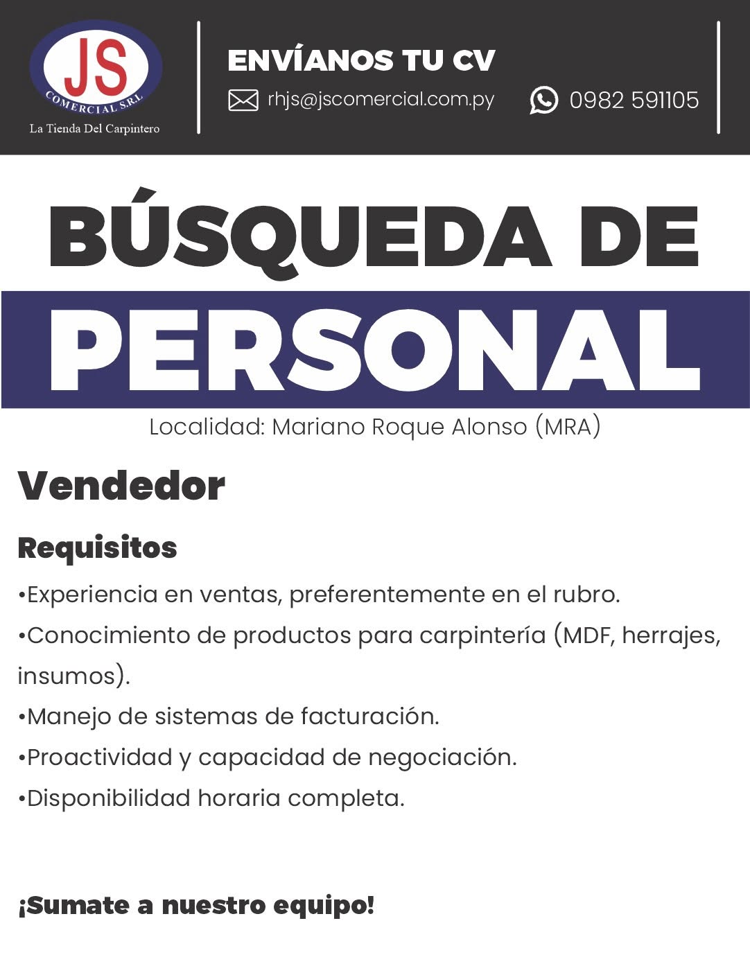 Oferta laboral: Vendedor — JS Comercial