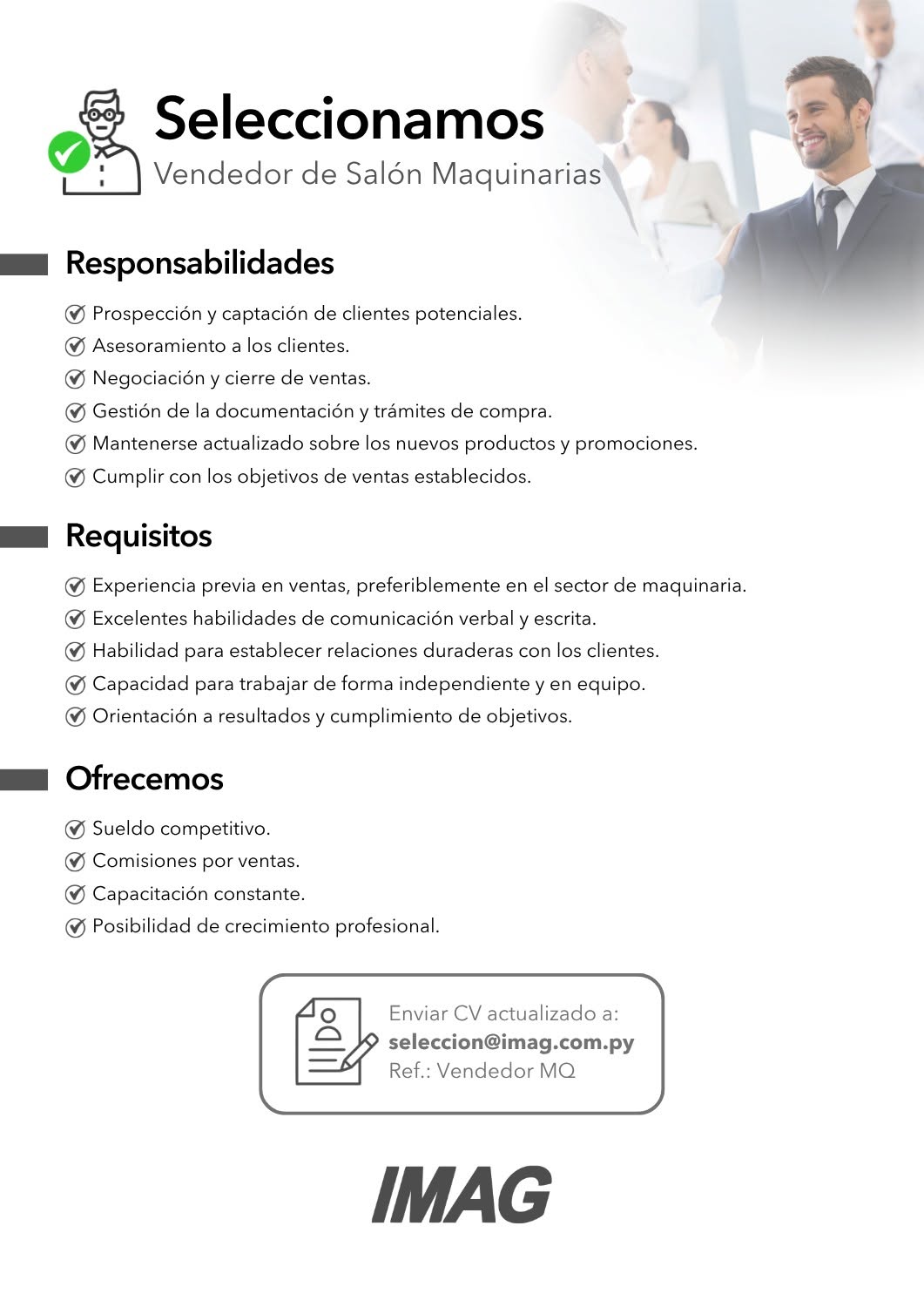 Oferta laboral: Vendedor De Salón Maquinarias — IMAG
