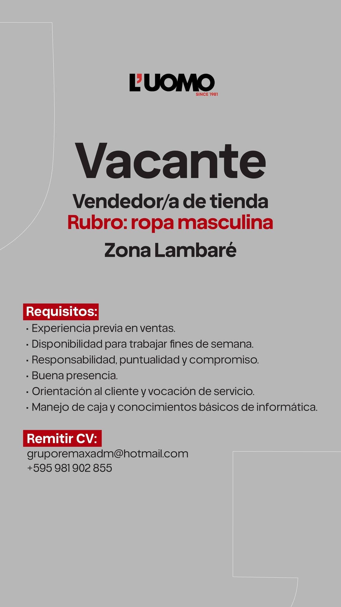 Oferta laboral: Vendedor De Tienda